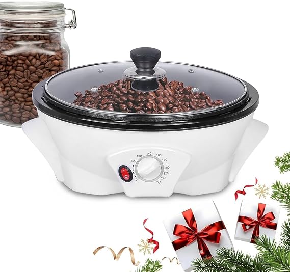Electric Coffee Bean Roasting Machine Roaster Baker, w/ 4 ventilation holes & Non-stick Pan, Adjustable Temperature Coffee Bean Roaster Machine(White,110V 1.1lbs)