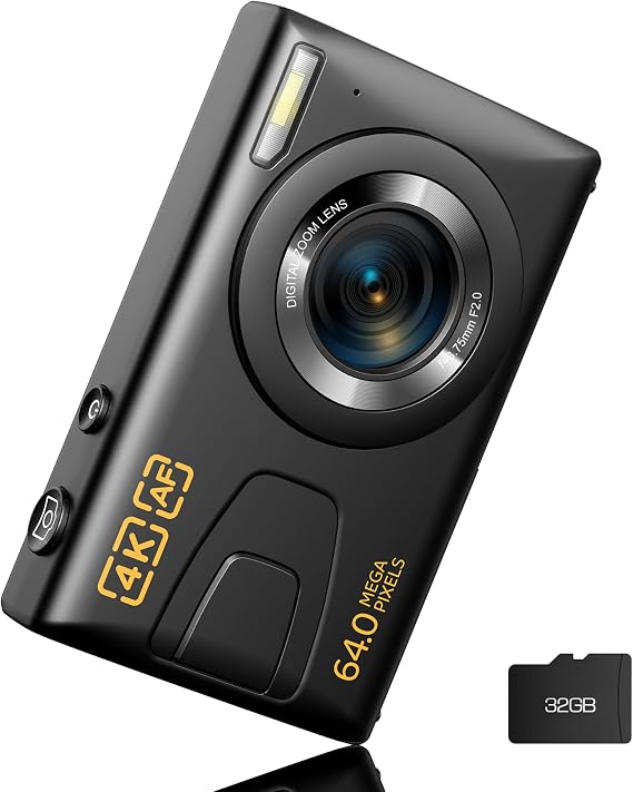 Digital Camera 4K 64MP Vlogging Camera Autofocus Point and Shoot Digital Cameras for Photography Camera for Kid Student Children Teen Girl Boy, 18X, 2 Batteries, 32GB Card, Black