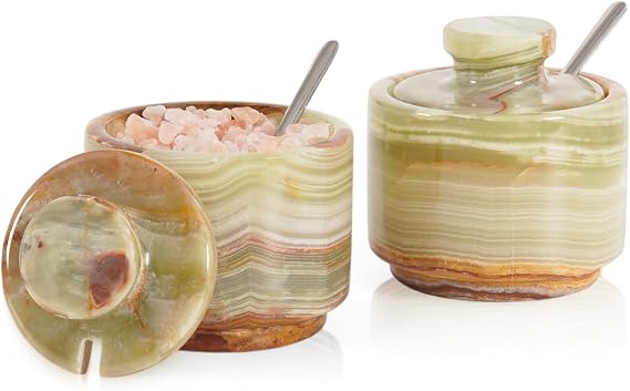 MARBLOUS KRAFTS Marble Salt Shaker with Lid and Spoon, Green Stone Salt Plate 7.5 cm for Kitchen Worktop, Decorative Small Set with 2 Spice Jars