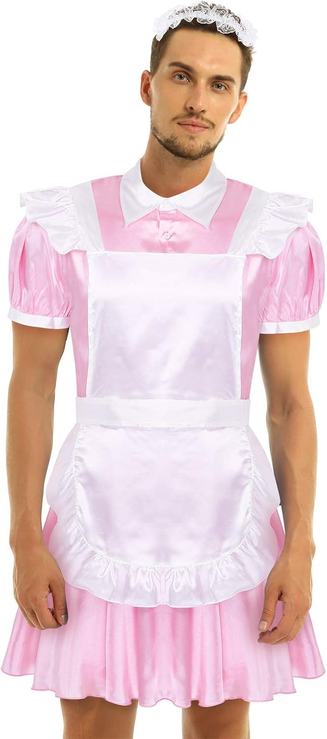 3Pcs Mens Sissy French Maid Cosplay Costume Crossdress Turn-down Collar Puff Sleeve Dress Outfits