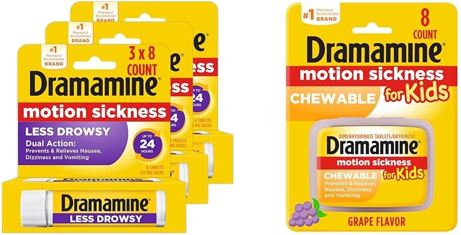 Dramamine Motion Sickness Relief, All Day Less Drowsy Tablets, 8 Count, 3 Pack & Kids Chewable Grape, 8 Count