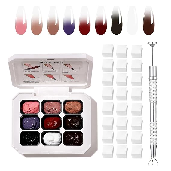 Ombre Gel Nail Polish Pallete Set, 9 Colors, UV Pat Painting Gradient Blooming Gel Kit Cream Gel Polish Palette With Application Guide French Nails Art Design Tools (OMBRE-8, 1SET)
