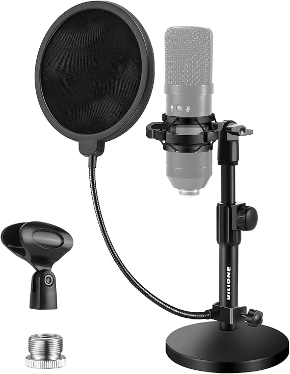 BILIONE Versatile Desktop Microphone Stand, Mic Stand Kit for Desk | 1.5lbs Weighted Base, Height adjustable, With Pop Filter, Shock Mount, Mic Clip, 5/8" to 3/8" Adapter, For Recording & Studio