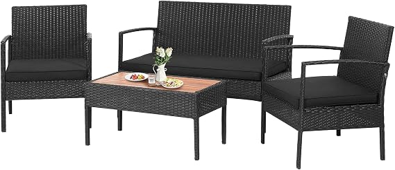 COSTWAY 4PCS Patio Rattan Furniture Set Cushioned Chair Wooden Tabletop Black