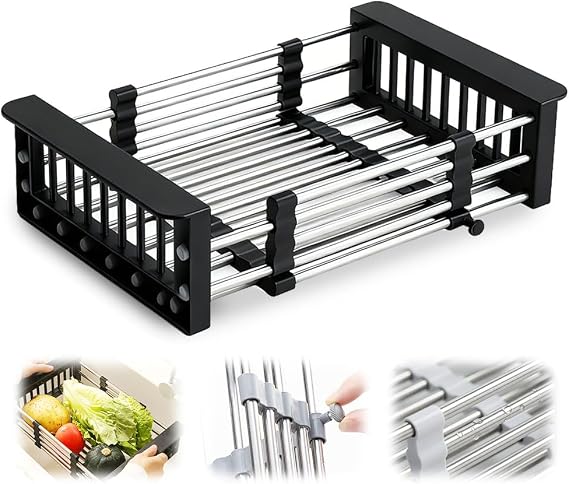 Extend Kitchen Sink Drain Basket, 2026 Upgrade Retractable Kitchen Sink, Adjustable Dish Drying Rack with Stainless Steel Drain Basket for Kitchen (Black, Small)