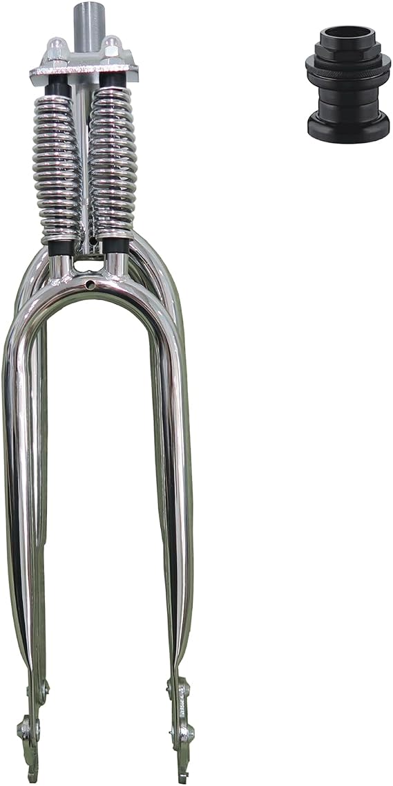 26" Fork Double Springer Suspension Fork 1" Threaded & Headset,Cruiser Chopper Bike Dual Spring Classical Fork (Chromed)