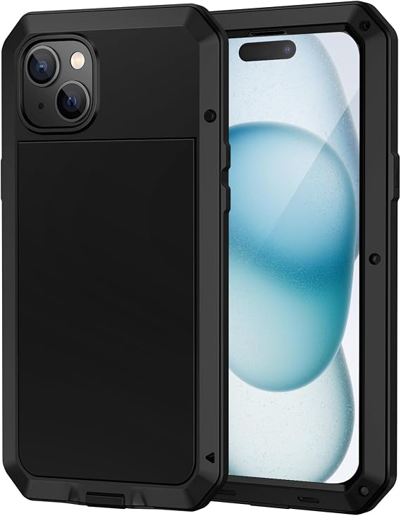 Lanhiem for iPhone 15 Metal Case, Heavy Duty Shockproof Tough Rugged Case with Built-in Glass Screen Protector, 360 Full Body DustProof Protective Cover for iPhone 15 6.1", Black