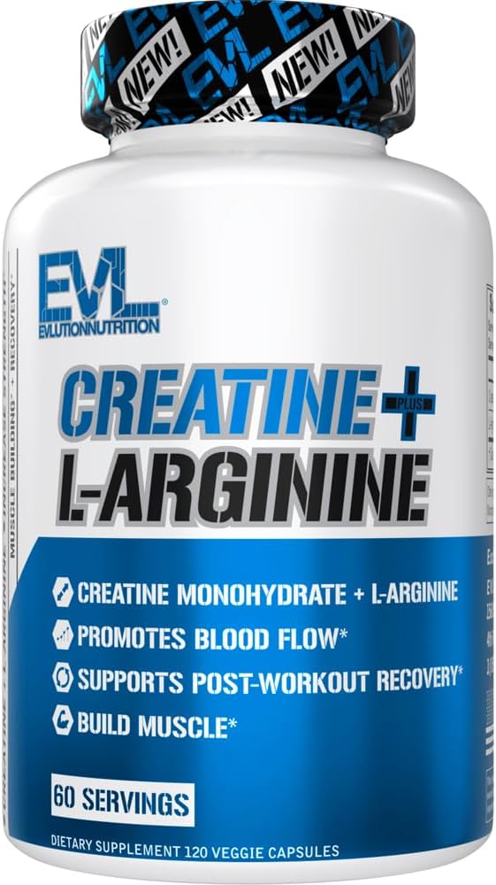 Evlution Nutrition Creatine + L-Arginine - Supports Blood Flow, Post-Workout Recovery & Lean Muscle Growth - 500mg Creatine Monohydrate & 500mg L-Arginine Per Serving -60 Servings -120 Veggie Capsules