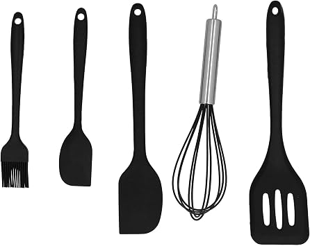 5Pcs Silicone Cooking Utensil Set, Egg Beater Kitchen Scraper Oil Brush, Kitchen Utensil for Home Bakery (Black 5-piece set)