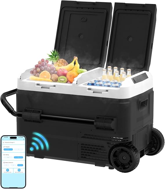AS 12 Volt Refrigerator, 42QT(40L) Dual Temperature Zone Electric Cooler with Wheels, Portable Freezer 12V/24V DC 110-240V AC,4F-68F Car Fridge for Car, Marine, Home, Outdoor, etc