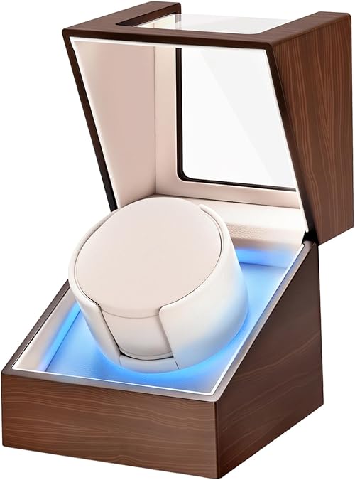 Watch Winder for Automatic Watches, Ultra Quiet Japanese Motor (<5 db), Premium Self Winding Rotating Wooden Watch Case with Soft Blue Ambient Light, Gifts for Him/Her/Dad (Brown, One)