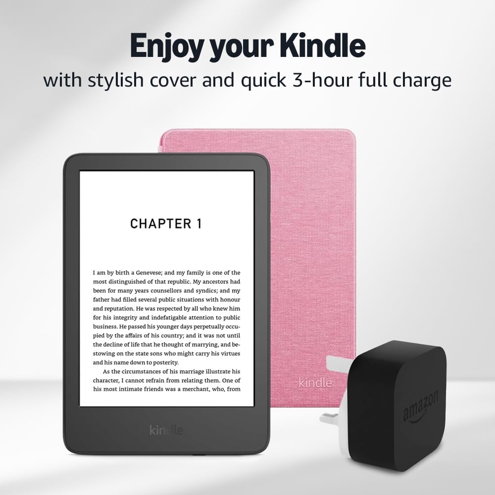 Kindle (2024 Release) 16 GB with ads, an Amazon Fabric Cover and an Amazon Powerfast 9W Power Adapter