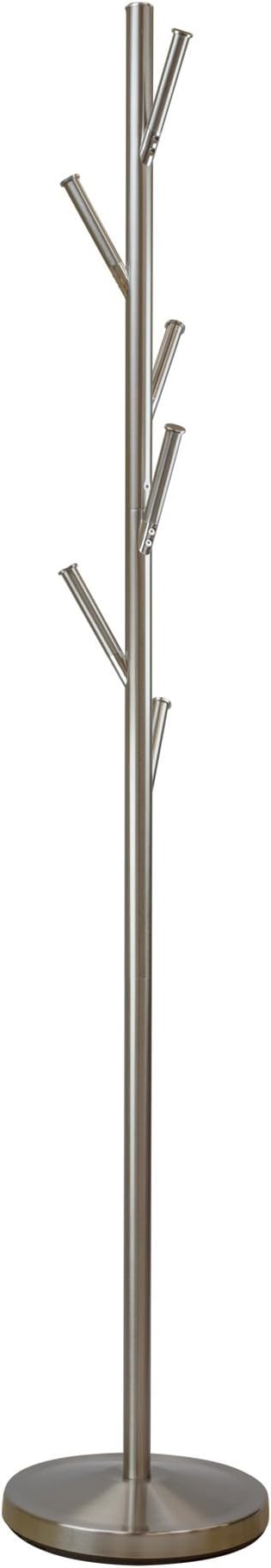 Kira Home Addison 68" Modern Standing Coat Rack with 6 Hanging Hooks | Sleek Metal Silver Coat Stand with Weighted Base, Satin Steel Finish