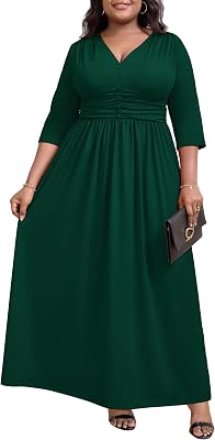 Runwind Plus Size Maxi Dress for Curvy Women - Casual Long 34 Sleeve Wedding Guest Dress with Pockets