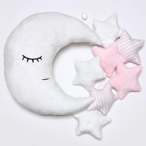 Perfectto Design Kids Moon Decorative Pillow, Stars Garland for Girls Toddler Room - Fluffy Moon, Stars Wall Decor, Soft Cute Throw Pillow for Bed, Bedroom Boho Teepee Ornament Decoration