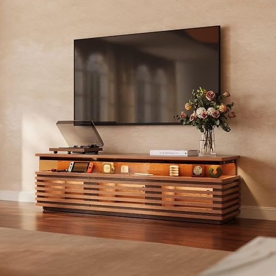 POVISON 71'' Fully Assembled TV Stand with Adjustable LED Lights, Walnut
