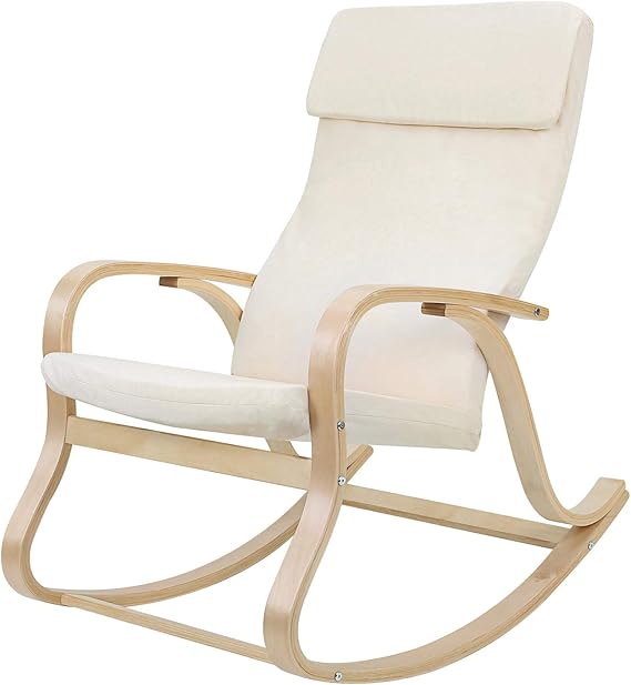 SONGMICS Sallanan sandalye, salıncak sandalye, yatar koltuk, taşıma kapasitesi 120 kg, huş ağacı çerçeve, imitasyon keten kapak, bej LYY30M, 65 x 90 x 98 cm