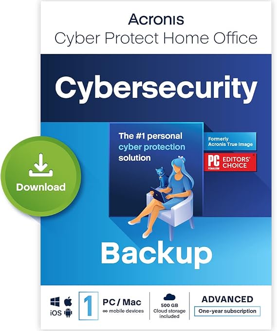 Acronis Cyber Protect Home Office 2023 | Advanced | 500 GB Cloud-Space | 1 PC/Mac | 1 Year | Windows/Mac/Android/iOS | Internet Security with Backup | Activation Code by email