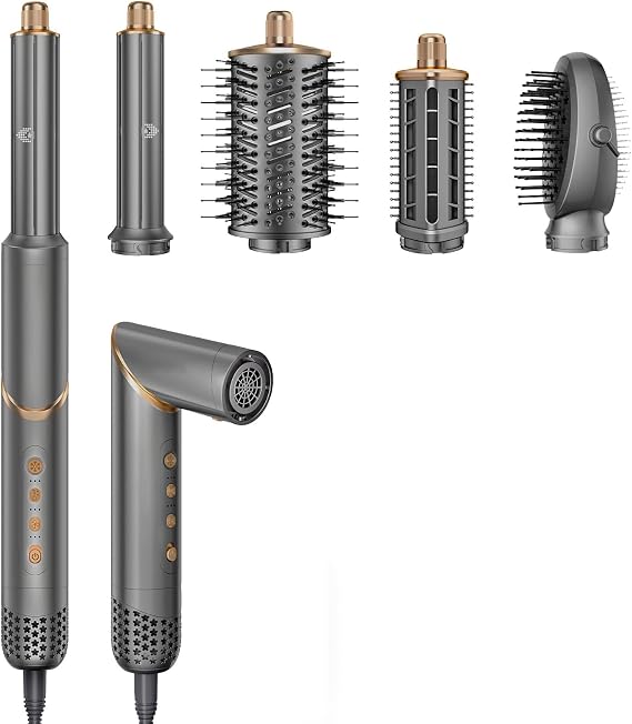 Dryhsip 5 in 1 Hair Styler & Wrap Air Curler, High-Speed Hair Tools | Professional Negative Ionic Hair Brush for Curling/Fast Drying/Volumizing/Straightening Styling (Grey/Gold)