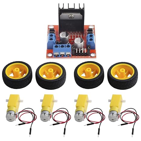 ShangHJ 4 Sets DC Gearbox Motor TT Motor 200RPM Tire Wheel DC 3-6V 1:48 Male Connector with 1Pc L298N Motor Drive Controller Board for Arduino Micro:bit Smart Car