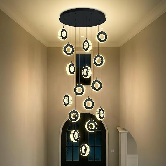 16-Light Black Stair Chandelier for High Ceiling Gold Ring Chandelier for Foyer Living Room Suit for Sloped Ceiling