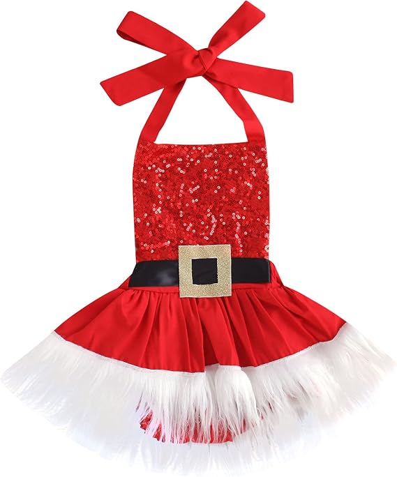 VISGOGO Newborn Baby Girls Christmas Romper Sleeveless Sequin Party Princess Tutu Halter Dresses 0-24M