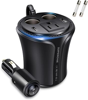 SUPERONE 150W Car Power Inverter DC 12V to 110V 120V Car AC Adapter Inverter 5-in-1 Cup Holder Design Dual USB Car Charger and 2 Car Power Adapter