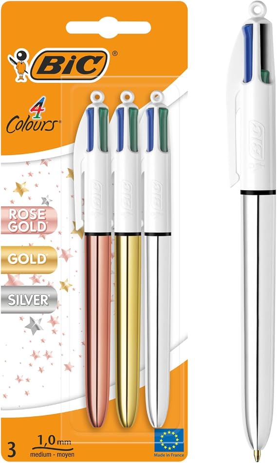 BIC 4 Colors Shine Pink, Silver, Gold Body Ballpoint Pen 3-Piece Blister, 4 Colors Ballpoint Pen