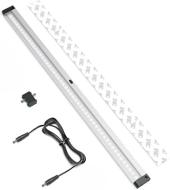 EShine Extra Long 20 inch LED Dimmable Under Cabinet Lighting Strip, NO Sensor, Black, with Accessories (No Power Supply Included), Cool White (6000K)
