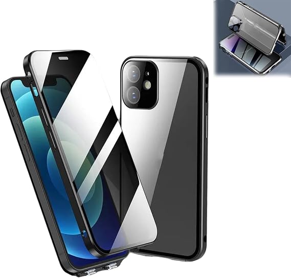 Anti-Peep Magnetic Phone Case Magnetic Phone Case for iPhone 15 Pro Max with Lens Protector 360 Degree Protection Front Privacy Tempered Glass Back Clear Cover (Black,for iPhone 16plus)