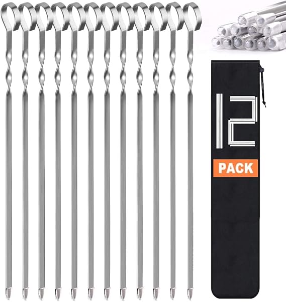 Kabob Skewers Flat Metal BBQ Barbecue Skewer 35.5cm Long Stainless Steel Shish Kebob Sticks Wide Reusable Grilling Skewers Set for Meat Shrimp Chicken Vegetable, 12 Pack