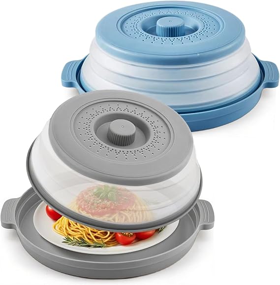 2pcs Collapsible Microwave Cover, Microwave Food Plate Covers with Anti-Scald Base Mat 10.5 Inch Plastic & Silicone Flodable Splatter Cover for Reheating Meal Prep Cooking Storage