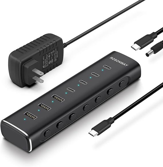 7 Ports Powered USB 3.2/USB C Hub 10Gbps with 4 USB-C 3.2, 3 USB-A 3.2 Ports, 3.3ft Cable and 36W(12V/3A) Power Adapter, Aluminum USB Splitter for Laptop, RSH-H7C4