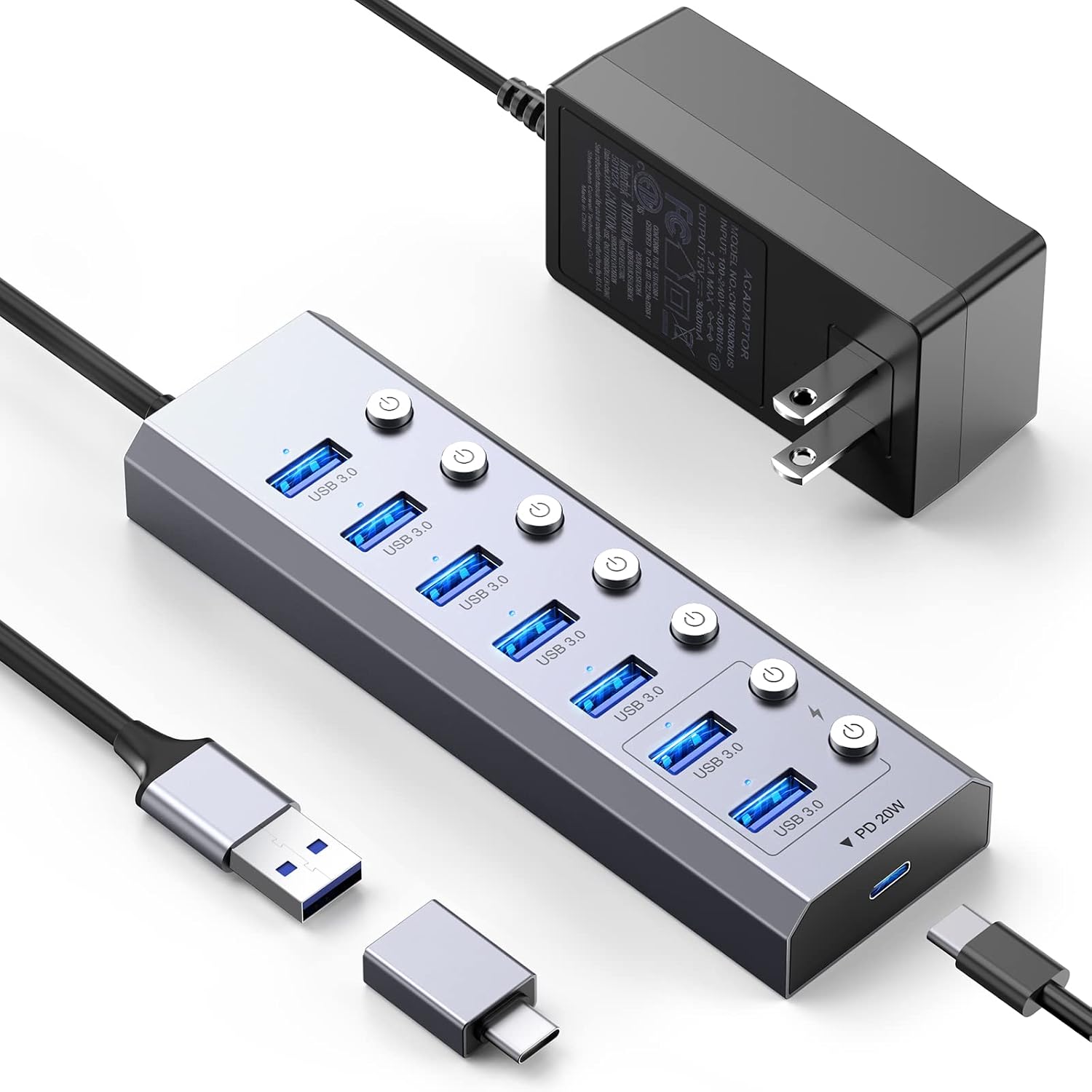Powered USB 3.0USB C Hub, Elecife 8-Port USB Data Hub Splitter with One USB C Charging Port and Individual OnOff Switches, 15V3A Power Adapter USB Extension for MacBook, Mac ProMini and More