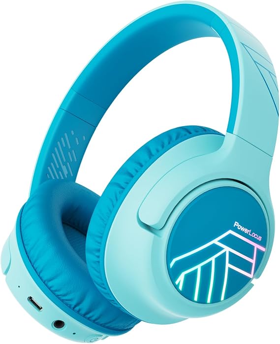 PowerLocus Kids Wireless Headphones, Bluetooth Kids Headphones LED Lights Over Ear with 74/85/94dB Volume Limited, 45H Playtime,Built-in Mic, Two Device Share Mode, HD Stereo for Travel/PC/Tablet