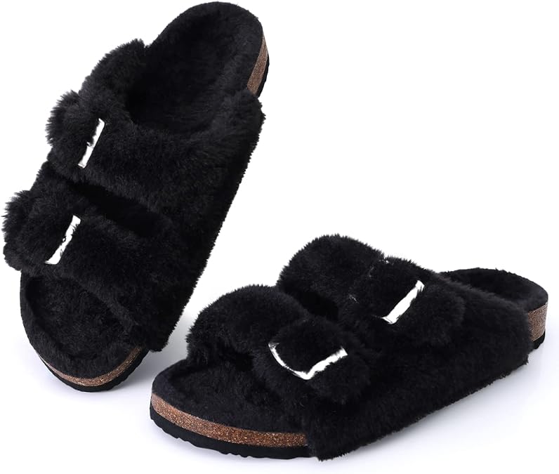 KIDMI Fuzzy Slippers for Women with Cork Footbed Fluffy Slides House Shoes
