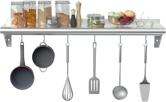 Treshin Stainless Steel Shelf with 6 Hooks 14" x 48" Commercial Pot Rack | Heavy Duty Metal Wall Mounted Floating Shelving for Restaurant, Kitchen, Home, Bar and Hotel