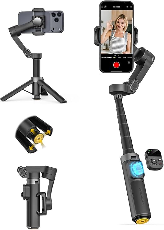 AOCHUAN 3-Axis Gimbal Stabilizer for iPhone w/360 Face Tracking, Smartphone Gimbal w/One-Tap Open Tripod, Gesture Control, Phone Stabilizer w/Magnetic Remote Control & 20" Extension Rod,Smart X3