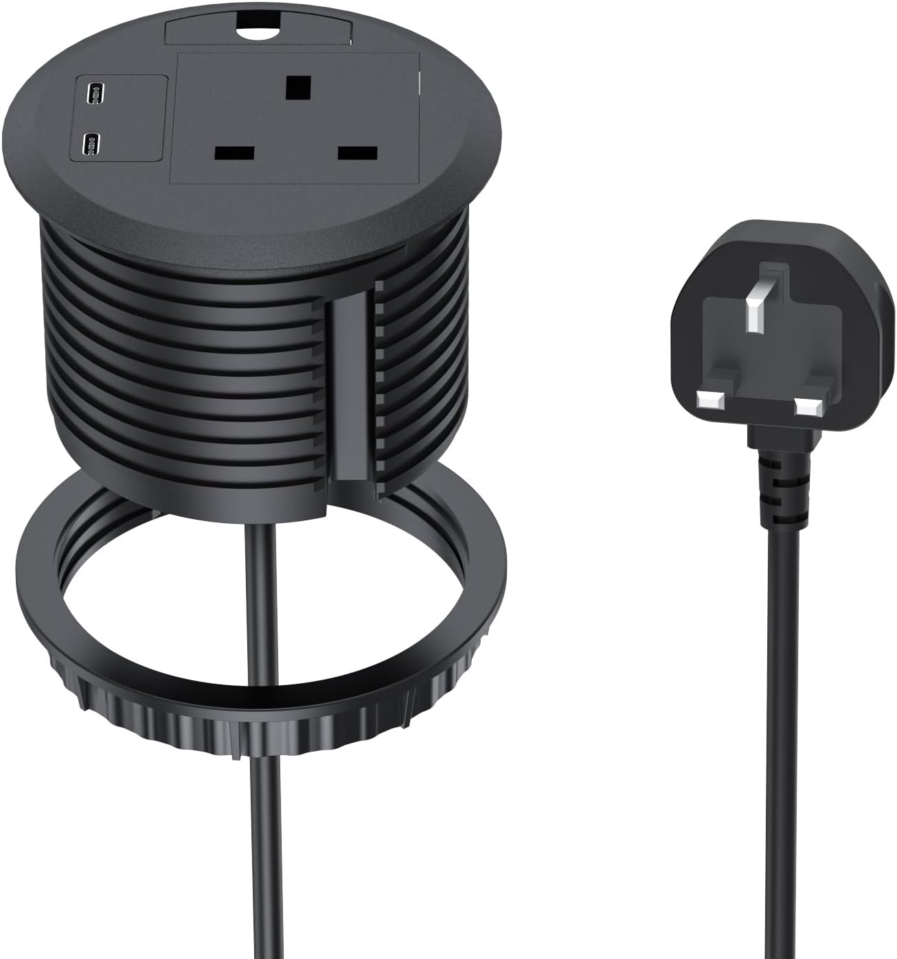 Desk Power Socket with USB C PD20W, BQO Desk Grommet 80mm Power Socket with 1 UK Plug, Recessed Power Strip with USB, 2M6.56FT CableBlack
