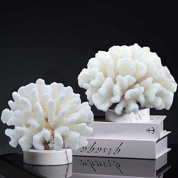Tirifer Pack of 2 White Coral Decor, White Coral Reef, Faux Artificial Coral Statue, Resin Coral Sculpture Nautical Tabletop Decoration for Beach Theme Party Home Decor Wedding Decoration