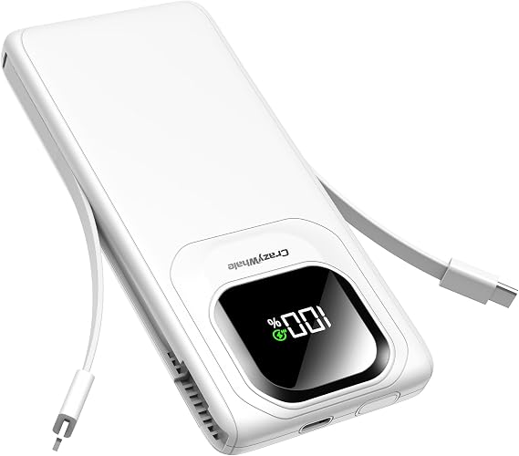 Portable Charger with Built-in Cables,22.5W Super Fast Charging Power Bank Slim Phone Charger,10000mAh Travel Battery Pack Battery Bank with Smart LED Display for iPhone, Android & USB-C