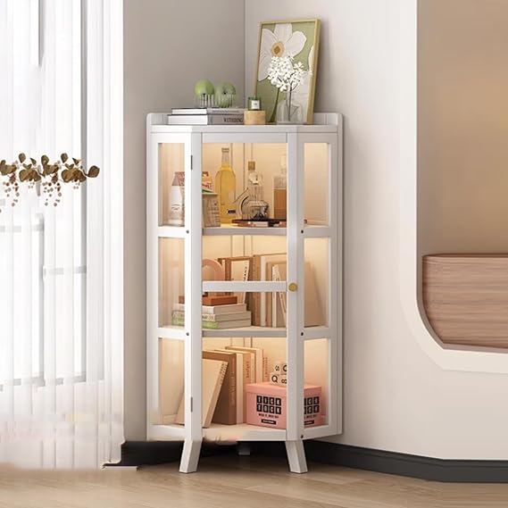 Corner Display Cabinet With Glass Doors - Modern Storage Cabinet for Home Office, Living Room, Pantry