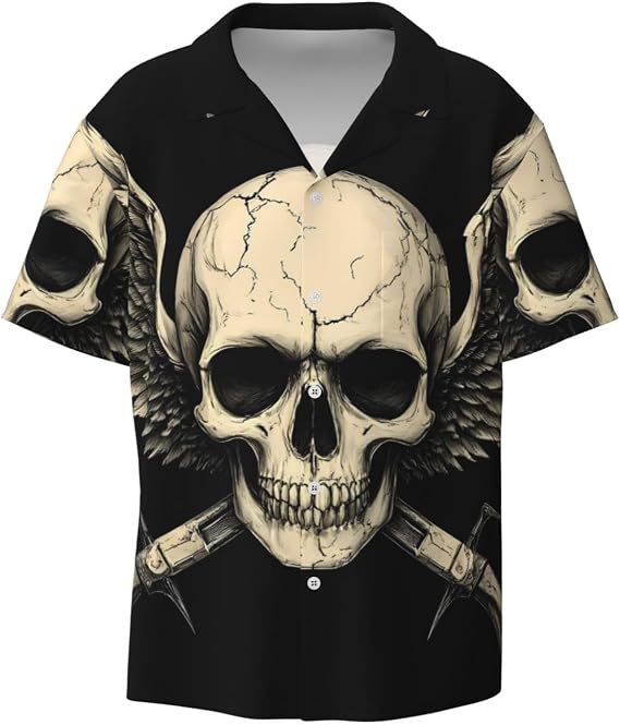 Gothic Winged Skull Print Men's Short Sleeve Button Down Shirt Cuban Collar Casual Tops