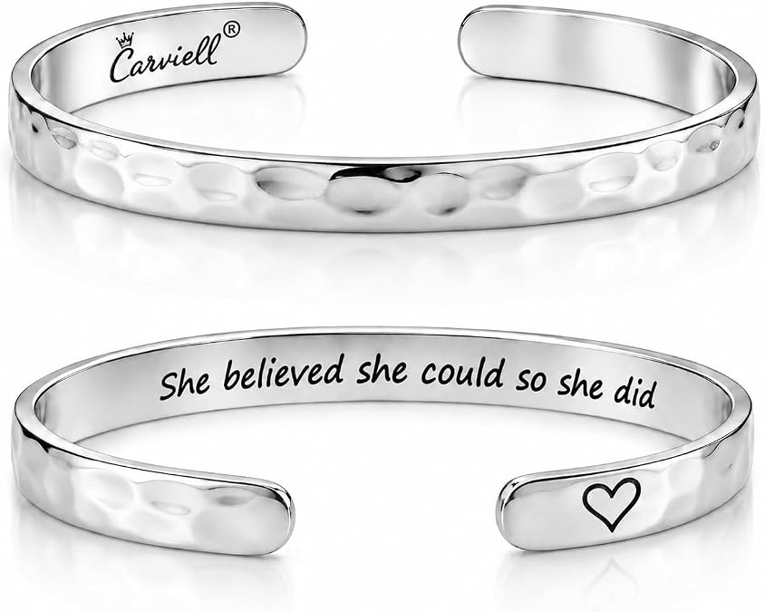 Carviell Bracelets for Women 100+ Meaningful Engraved Messages Solid 316L Surgical Stainless Steel Cuff Bracelet Gift Ready