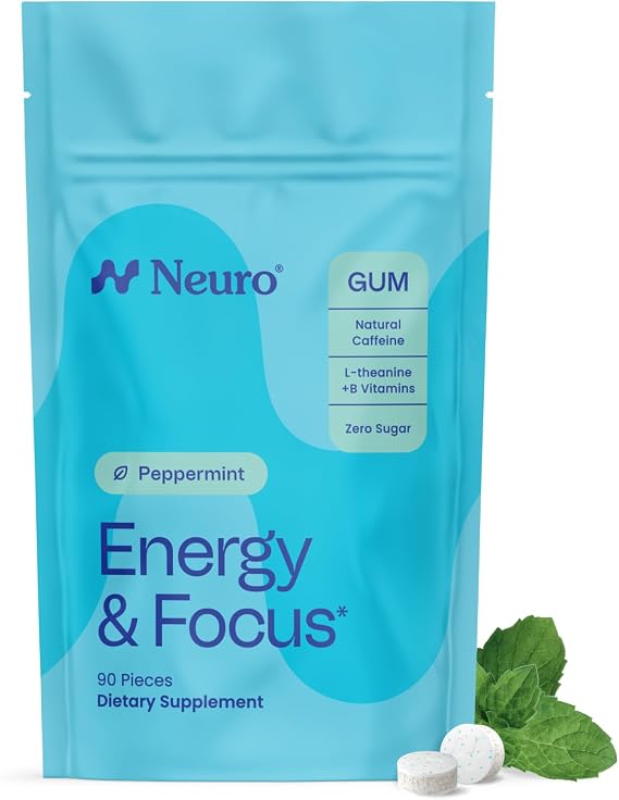 Neuro Energy & Focus Gum, Peppermint, 90 Count | 40mg Natural Caffeine Gum, 60mg L-Theanine, Vitamin B6 + B12, Sugar Free, Vegan, Clean Nootropic Energy & Focus Supplement