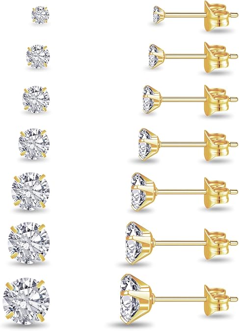 7 Pairs Silver Cubic Zirconia Stud Earrings for Women Hypoallergenic