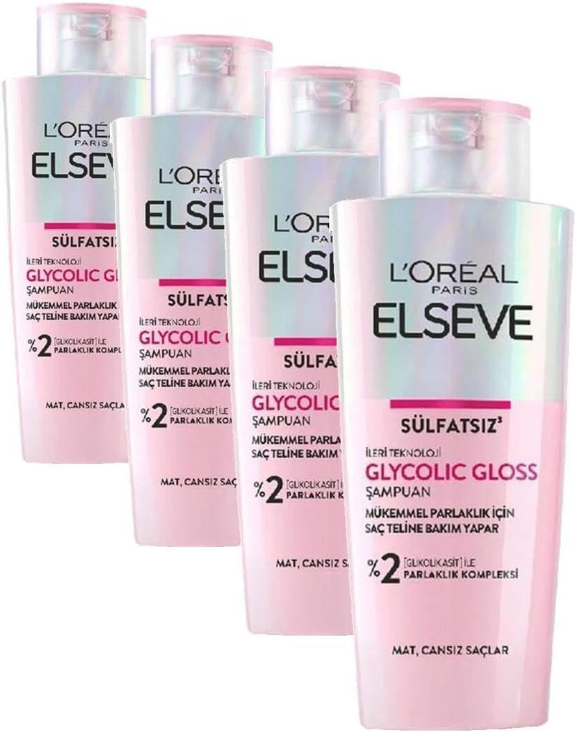 L'Oreal Paris Elseve Glycolic Gloss Mükemmel Parlaklık için Bakım Yapan Şampuan 200 ml (4 paketi)