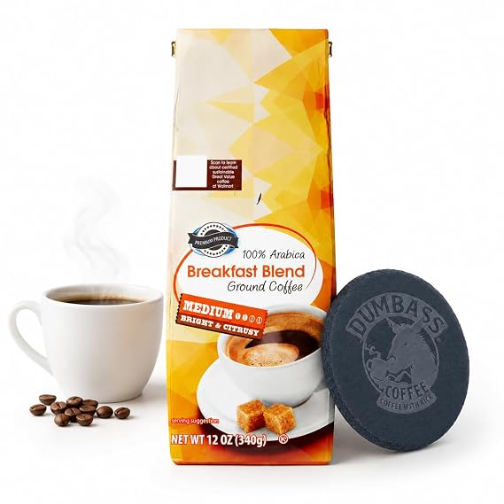 Breakfast Blend Ground Coffee, Medium Roast Coffee, 100% Arabica, 12 oz Bag, Bright & Citrusy Morning Brew for Drip Coffee Makers with Dumbass Coffee Coaster (Breakfast Blend) Coaster