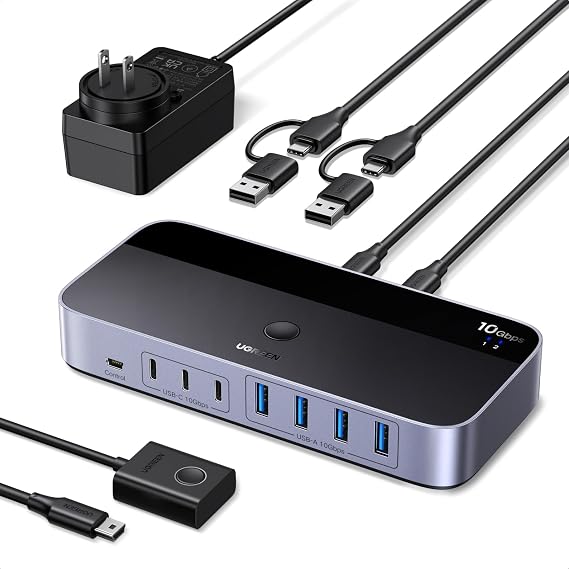 UGREEN 2-in 7-Out USB 3.2 Switch, 10 Gbps Switcher for A or C Computers Sharing All Devices(4 A+3 C) Keyboard Mouse Switch with Type C Converter Adapter,Power Adapter