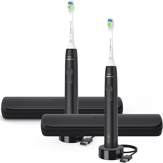 Philips Sonicare Electric Toothbrush with DiamondClean Brush Head 2-Pack Bundle, Rechargeable Electric Tooth Brush with Pressure Sensor, Sonic Electronic Toothbrush, Travel Case, Black